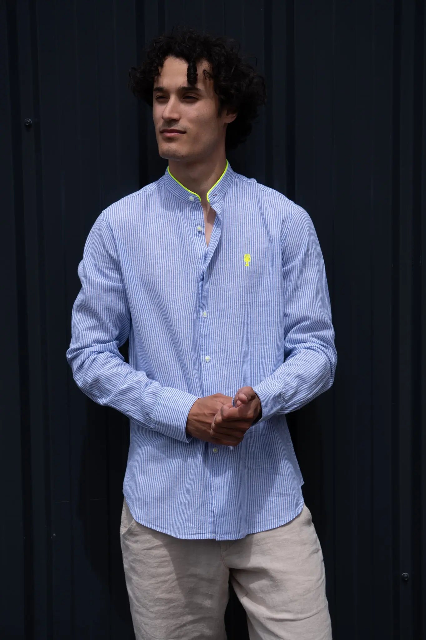 Chemise Col Mao Rayée en Lin La 5ème Homme 