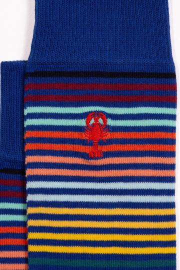 Zoom sur chaussettes fantaisies à rayures multicolores avec broderie homard la 5eme homme.